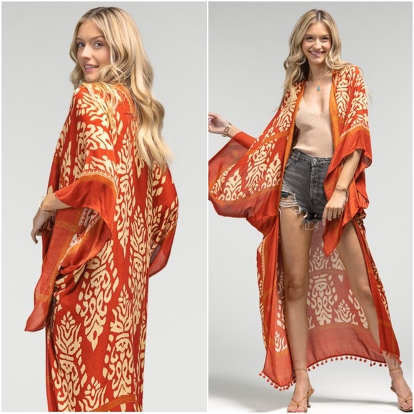 Tops - Boho Leopard print Kimono pom pom hem Cover up